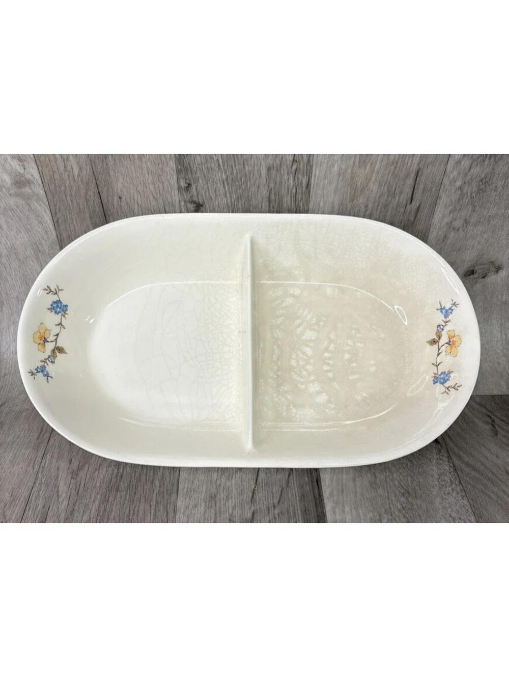 Himark Floral Mist Vegetable Serving Dish Oval Divided 13.5 x 8 Vintage Japan